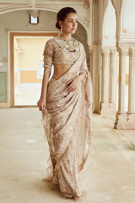 Buy_Nikita Vishakha_Brown Silk Organza Pearls, Paisley Print Scallop Edged Saree With Blouse _Online_at_Aza_Fashions