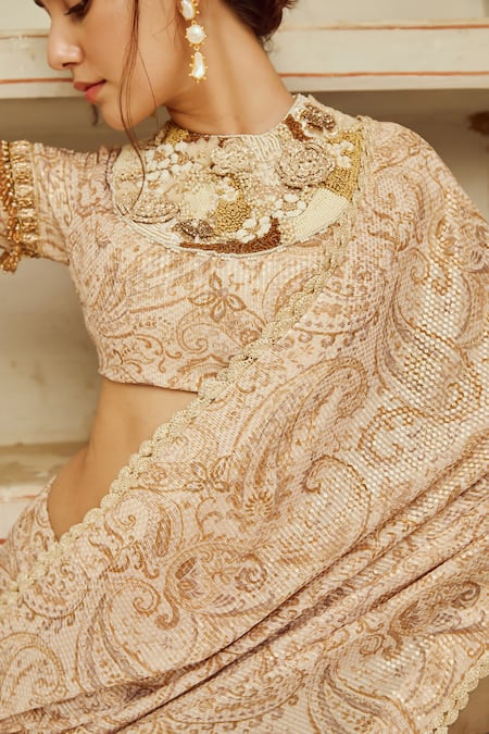 Shop_Nikita Vishakha_Brown Silk Organza Pearls, Paisley Print Scallop Edged Saree With Blouse _Online_at_Aza_Fashions