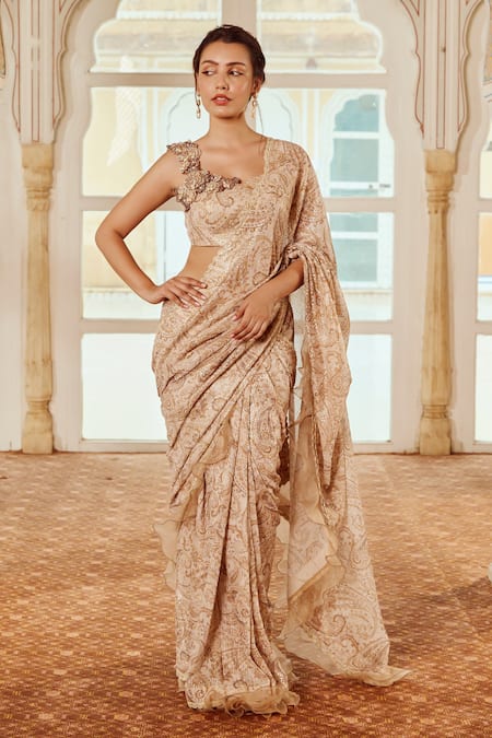 Nikita Vishakha Paisley Print Ruffle Edged Saree With Blouse 