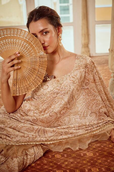 Buy_Nikita Vishakha_Brown Silk Organza Sequins, Beads, Paisley Print Ruffle Edged Saree With Blouse _Online_at_Aza_Fashions