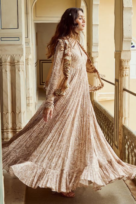 Nikita Vishakha Brown Silk Organza Print Paisley Gown V-neck Embroidered Scallop Jacket With 