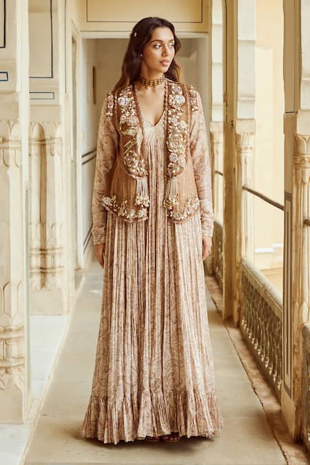 Nikita Vishakha_Brown Silk Organza Pearls, Sequins, Paisley Embroidered Scallop Jacket With Gown _Online_at_Aza_Fashions