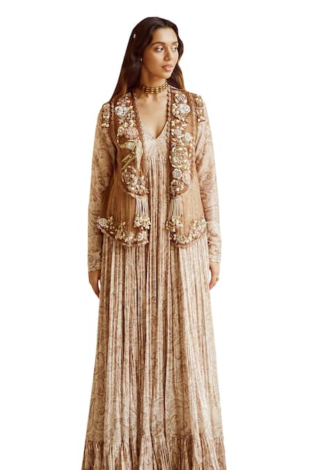 Buy_Nikita Vishakha_Brown Silk Organza Pearls, Sequins, Paisley Embroidered Scallop Jacket With Gown _Online_at_Aza_Fashions