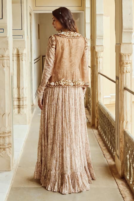 Shop_Nikita Vishakha_Brown Silk Organza Pearls, Sequins, Paisley Embroidered Scallop Jacket With Gown _Online_at_Aza_Fashions