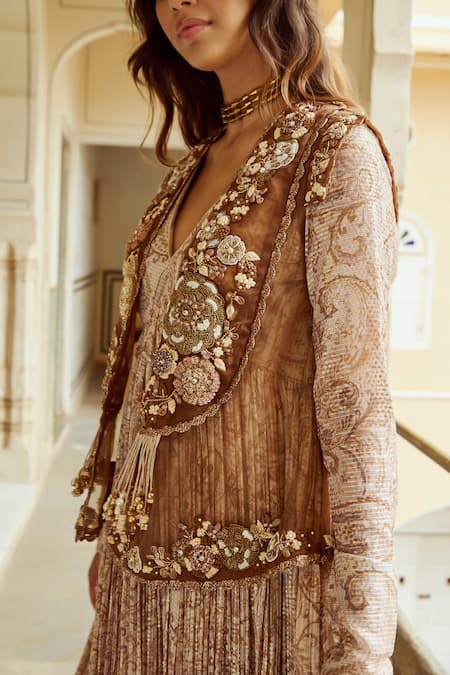 Nikita Vishakha_Brown Silk Organza Pearls, Sequins, Paisley Embroidered Scallop Jacket With Gown _at_Aza_Fashions