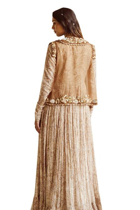 Buy_Nikita Vishakha_Brown Silk Organza Pearls, Sequins, Paisley Embroidered Scallop Jacket With Gown 