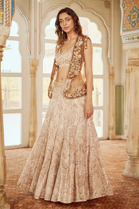 Nikita Vishakha Brown Silk Organza, Cotton Paisley Embroidered Scallop Jacket And Lehenga Set Online at Aza Fashions Nikita Vishakha_Brown Silk Organza, Cotton Paisley Embroidered Scallop Jacket And Lehenga Set _Online_at_Aza_Fashions