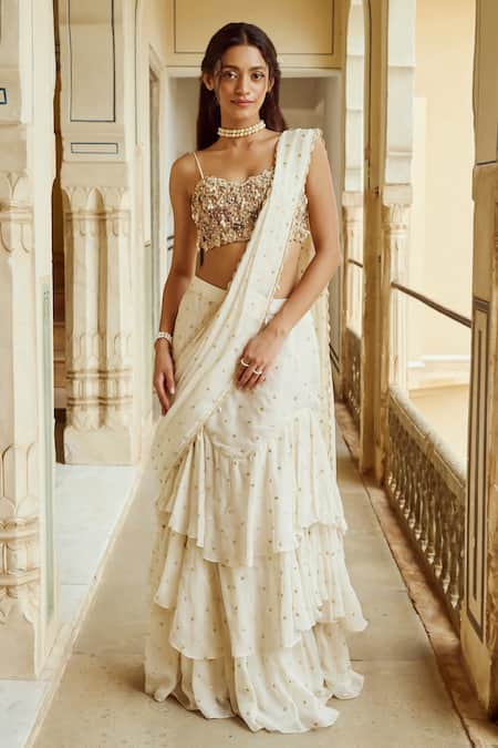 Nikita Vishakha Ivory Blouse Shantoon Embroidery Sequins Sweetheart Tiered Saree With 