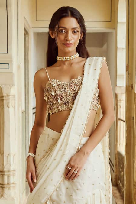 Buy Nikita Vishakha Ivory Organza, Satin Sequins, Tassels, Embroidery Tiered Saree With Blouse Online at Aza Fashions Buy_Nikita Vishakha_Ivory Organza, Satin Sequins, Tassels, Embroidery Tiered Saree With Blouse _Online_at_Aza_Fashions