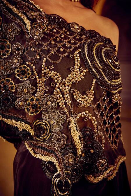 Buy_Nikita Vishakha_Black Silk Organza, Crepe Pearls, Beads, Abstract Motif Top With Draped Skirt _Online_at_Aza_Fashions