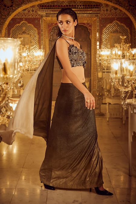 Nikita Vishakha_Black Silk, Crepe Pearls, Beads, Embellished Ombre Skirt Set With Wings _Online_at_Aza_Fashions