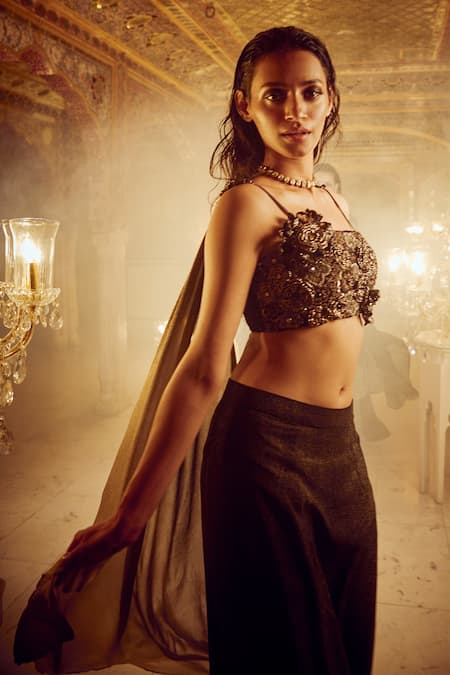 Shop_Nikita Vishakha_Black Silk, Crepe Pearls, Beads, Embellished Ombre Skirt Set With Wings _Online_at_Aza_Fashions