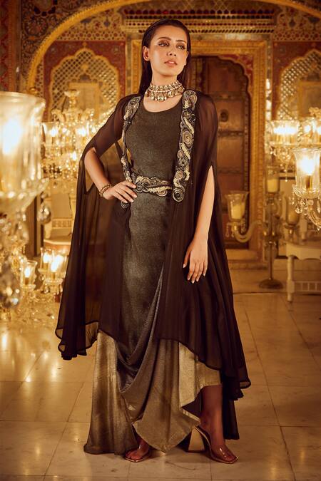 Nikita Vishakha_Black Viscose Pearls, Beads, Embroidery Round Neck Cowl Draped Dress With Cape _Online_at_Aza_Fashions