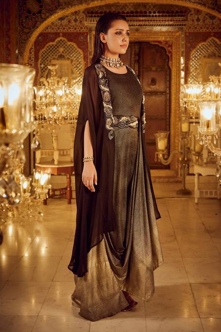 Buy_Nikita Vishakha_Black Viscose Pearls, Beads, Embroidery Round Neck Cowl Draped Dress With Cape _Online_at_Aza_Fashions