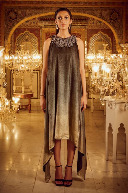 Nikita Vishakha Black Polyester Beads, Embroidery Halter Floral Mesh Detailed Asymmetric Dress Online at Aza Fashions Nikita Vishakha_Black Polyester Beads, Embroidery Halter Floral Mesh Detailed Asymmetric Dress _Online_at_Aza_Fashions