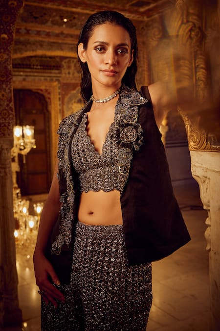 Nikita Vishakha_Black Silk Organza, Silk, Net, Abstract Detailed Blazer With Mesh Pant Set _Online_at_Aza_Fashions