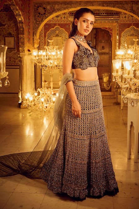 Nikita Vishakha_Black Silk, Crepe Pearls, Beads Abstract Motif Lehenga Set With Draped Wings _Online_at_Aza_Fashions