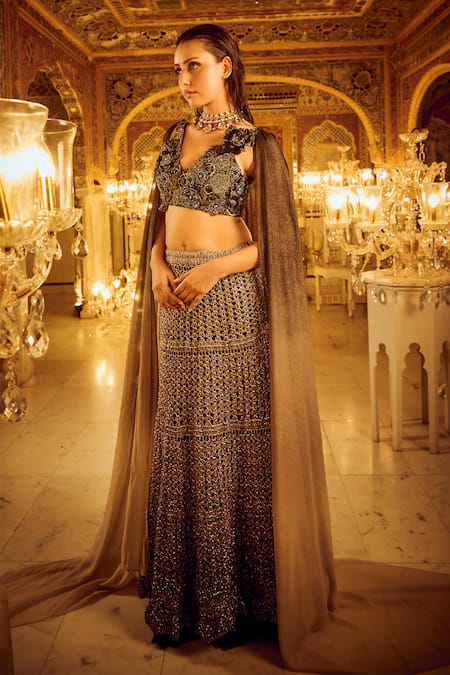 Nikita Vishakha_Black Silk, Organza, Crepe, Net Pearls, Abstract Detailed Lehenga Set With Wing _Online_at_Aza_Fashions