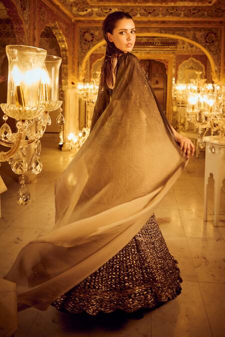 Buy_Nikita Vishakha_Black Silk, Organza, Crepe, Net Pearls, Abstract Detailed Lehenga Set With Wing _Online_at_Aza_Fashions