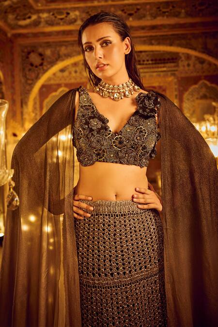 Shop_Nikita Vishakha_Black Silk, Organza, Crepe, Net Pearls, Abstract Detailed Lehenga Set With Wing _Online_at_Aza_Fashions