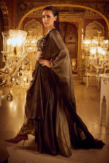 Shop_Nikita Vishakha_Black Silk Embroidery, Pearls, Beads V-neck Ombre Pre-draped Saree With Blouse _Online_at_Aza_Fashions