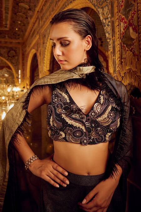 Nikita Vishakha_Black Silk Embroidery, Pearls, Beads V-neck Ombre Pre-draped Saree With Blouse _at_Aza_Fashions