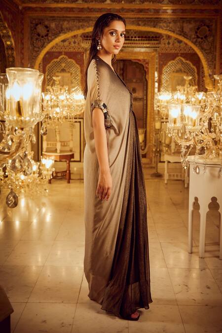 Nikita Vishakha_Brown Oxford Pearls, Beads V-neck Ombre Shimmer Embellished Kaftan _Online_at_Aza_Fashions