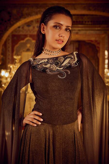 Buy_Nikita Vishakha_Brown Sequins Boat Neck Ombre Embellished Winged Gown _Online_at_Aza_Fashions