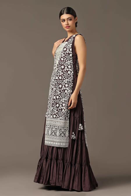 Buy_Two Sisters By Gyans_Maroon Georgette Embroidery V-neck Tiered Anarkali With Cape_Online_at_Aza_Fashions