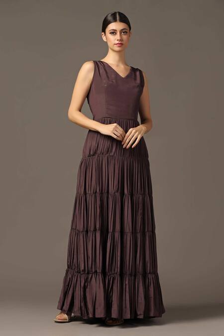 Shop_Two Sisters By Gyans_Maroon Georgette Embroidery V-neck Tiered Anarkali With Cape_Online_at_Aza_Fashions