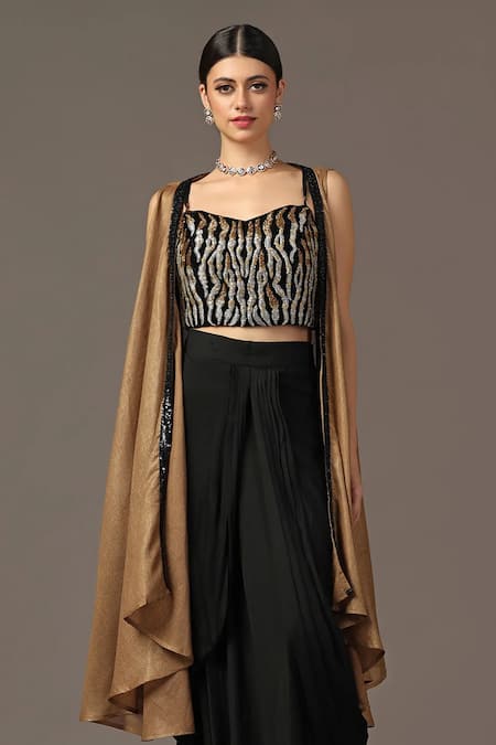 Two Sisters By Gyans_Gold Velvet, Chiffon Sequins, Cut Work Border Embroidered Cape Skirt Set _Online_at_Aza_Fashions