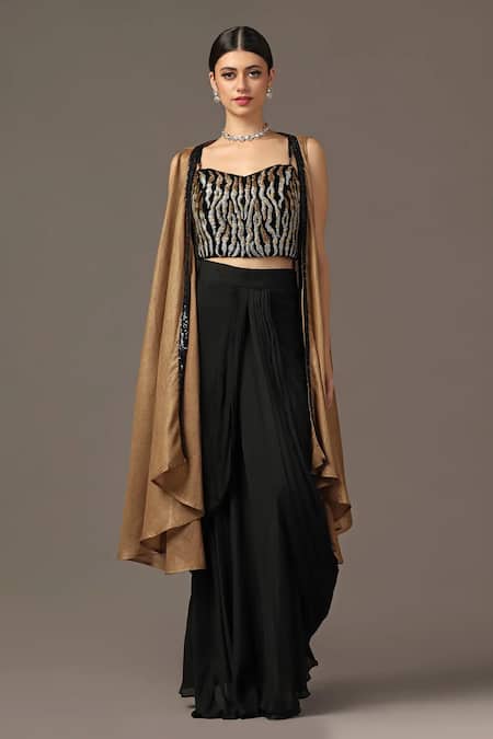 Buy_Two Sisters By Gyans_Gold Velvet, Chiffon Sequins, Cut Work Border Embroidered Cape Skirt Set _Online_at_Aza_Fashions