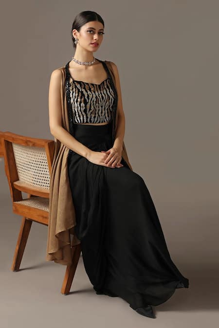 Shop_Two Sisters By Gyans_Gold Velvet, Chiffon Sequins, Cut Work Border Embroidered Cape Skirt Set _Online_at_Aza_Fashions