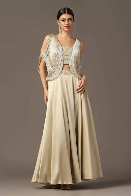 Two Sisters By Gyans Gold Satin Embroidery Sequin Blunt V Neck Fringe Shoulder Crop Top And Skirt Set 