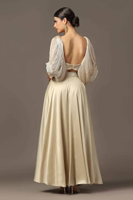 Two Sisters By Gyans Fringe Cold Shoulder Crop Top & Skirt Set 