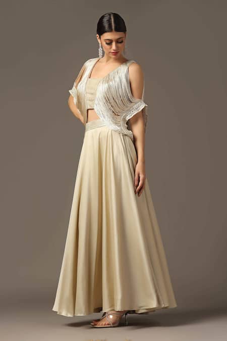 Two Sisters By Gyans_Gold Satin Sequins, Embroidery V-neck Fringe Shoulder Crop Top And Skirt Set _Online_at_Aza_Fashions