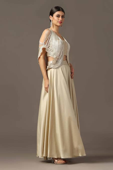 Buy_Two Sisters By Gyans_Gold Satin Sequins, Embroidery V-neck Fringe Shoulder Crop Top And Skirt Set _Online_at_Aza_Fashions