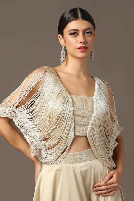 Shop_Two Sisters By Gyans_Gold Satin Sequins, Embroidery V-neck Fringe Shoulder Crop Top And Skirt Set _Online_at_Aza_Fashions