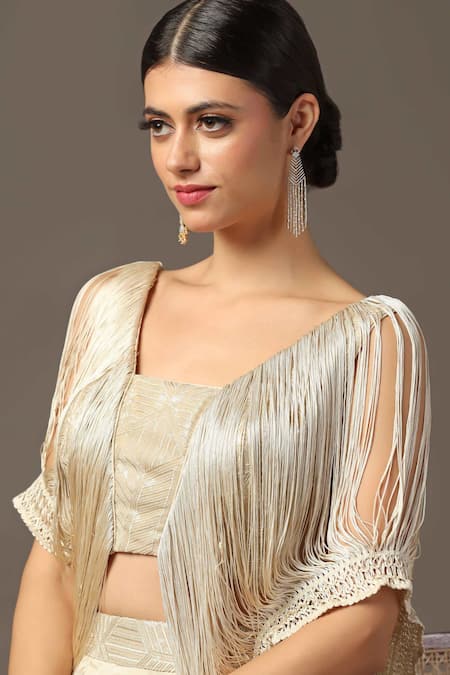 Two Sisters By Gyans_Gold Satin Sequins, Embroidery V-neck Fringe Shoulder Crop Top And Skirt Set _at_Aza_Fashions