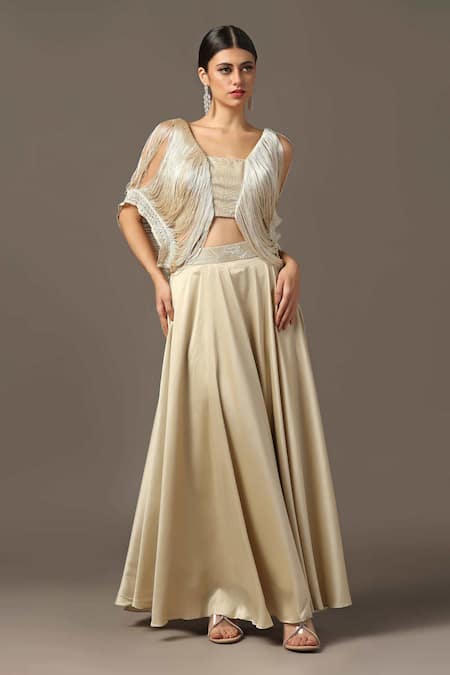 Buy_Two Sisters By Gyans_Gold Satin Sequins, Embroidery V-neck Fringe Shoulder Crop Top And Skirt Set 