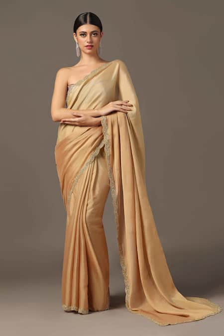 Two Sisters By Gyans Gold Chiffon Embroidery Scallop Border Saree With Unstitched Blouse Piece 