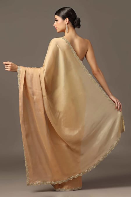 Shop_Two Sisters By Gyans_Gold Chiffon Cut Scallop Border Embroidered Saree With Unstitched Blouse Piece _at_Aza_Fashions