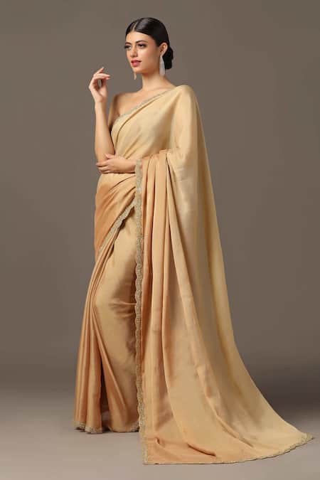 Two Sisters By Gyans_Gold Chiffon Cut Scallop Border Embroidered Saree With Unstitched Blouse Piece _Online_at_Aza_Fashions