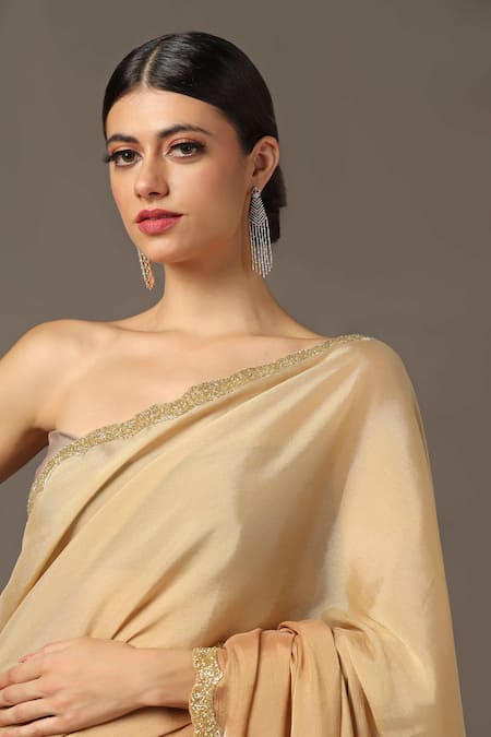 Buy_Two Sisters By Gyans_Gold Chiffon Cut Scallop Border Embroidered Saree With Unstitched Blouse Piece _Online_at_Aza_Fashions
