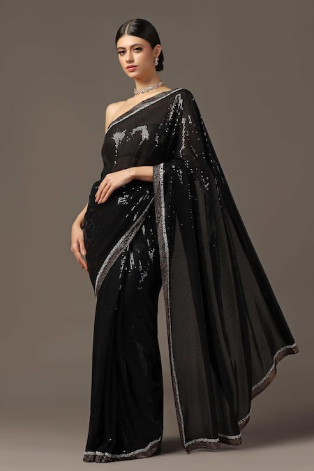 Two Sisters By Gyans Black Georgette Embellished Sequin Swarovski Saree With Unstitched Blouse Piece 