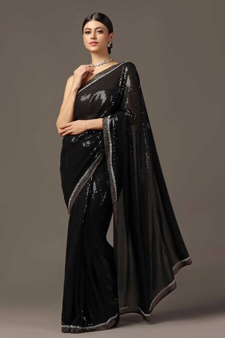 Two Sisters By Gyans_Black Georgette Sequins Swarovski Embellished Saree With Unstitched Blouse Piece _Online_at_Aza_Fashions