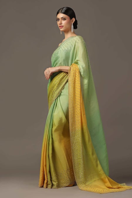 Two Sisters By Gyans_Green Georgette, Tissue Cut Ombre Embroidered Saree With Unstitched Blouse Piece _Online_at_Aza_Fashions
