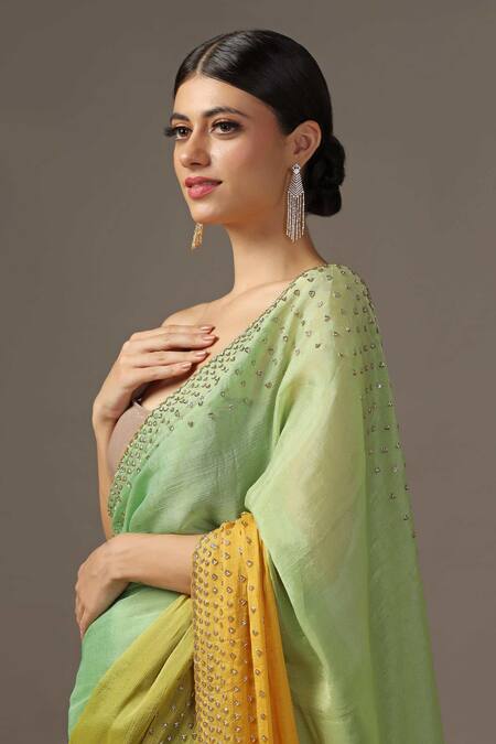 Buy_Two Sisters By Gyans_Green Georgette, Tissue Cut Ombre Embroidered Saree With Unstitched Blouse Piece _Online_at_Aza_Fashions