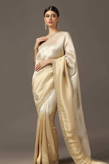 Two Sisters By Gyans Gold Tissue Embroidery Sequin Floral Saree With Unstitched Blouse Piece 