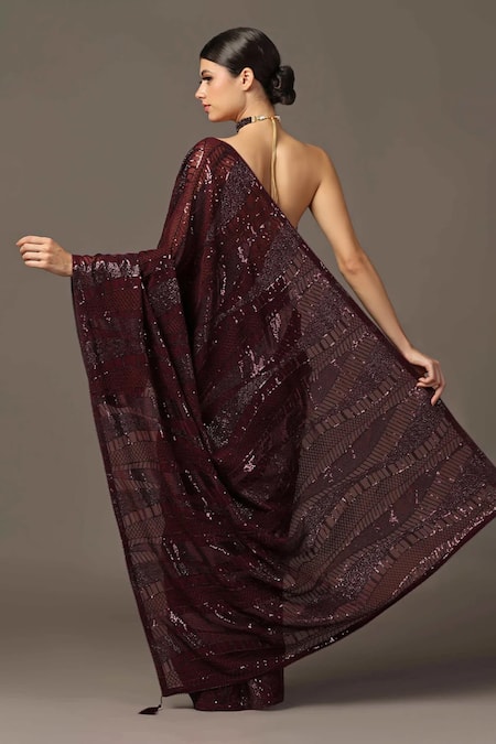 Two Sisters By Gyans Sequin Stripe Embroidered Saree With Unstitched Blouse Piece 